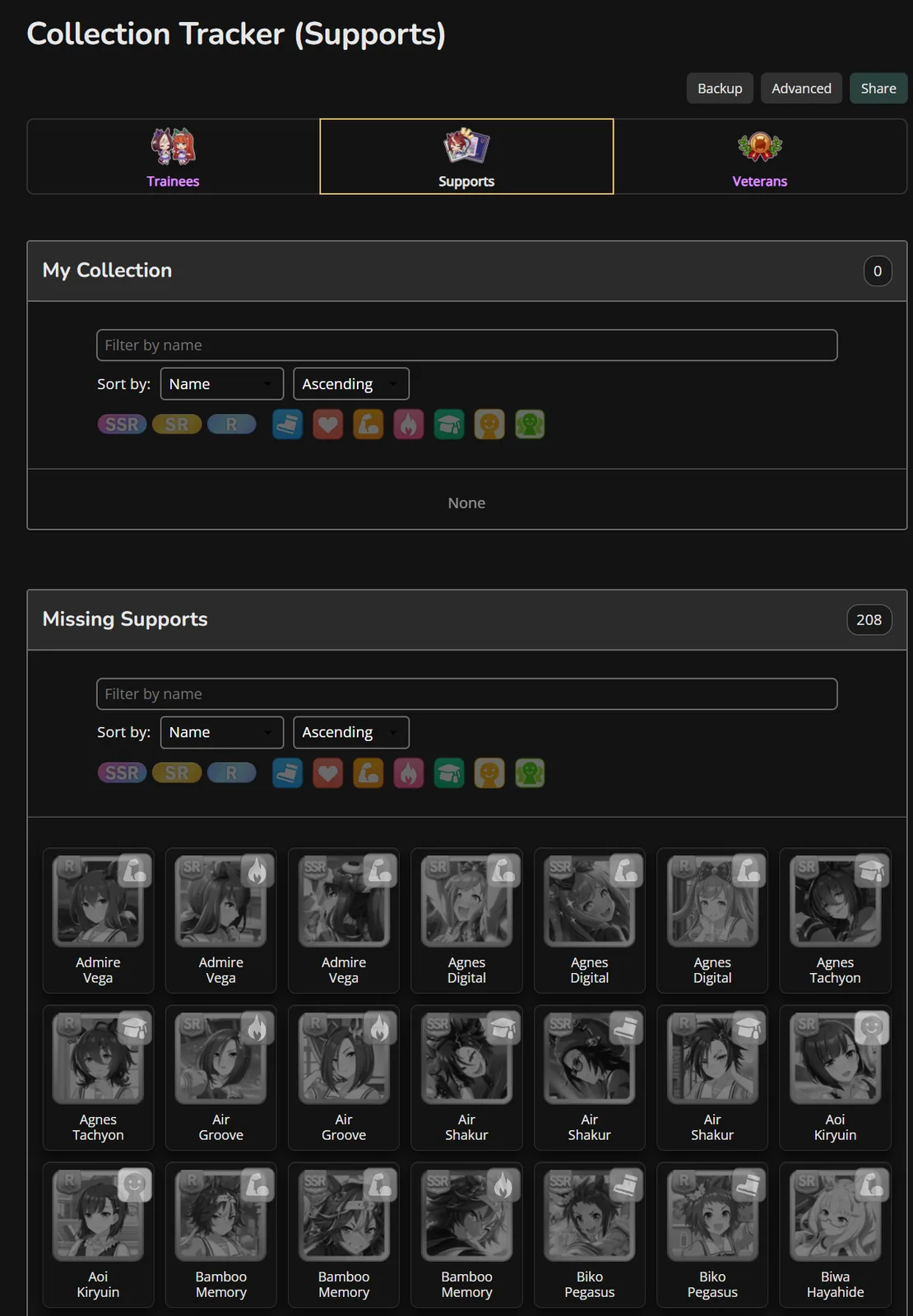 GameTora Collection Tracker showing support-card collection and missing supports